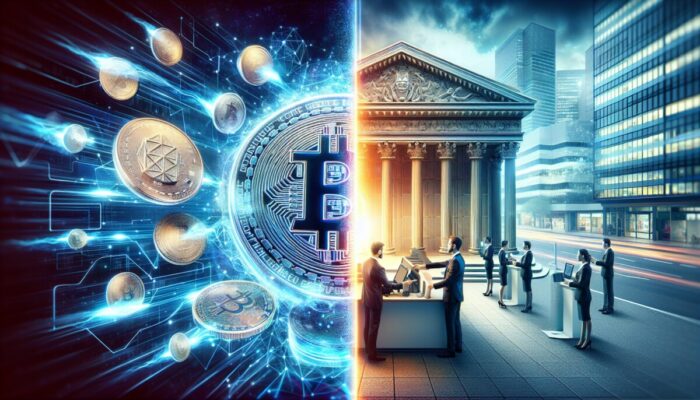 Visual comparison between digital wallets and traditional banks, showcasing cryptocurrency's speed and control advantages.
