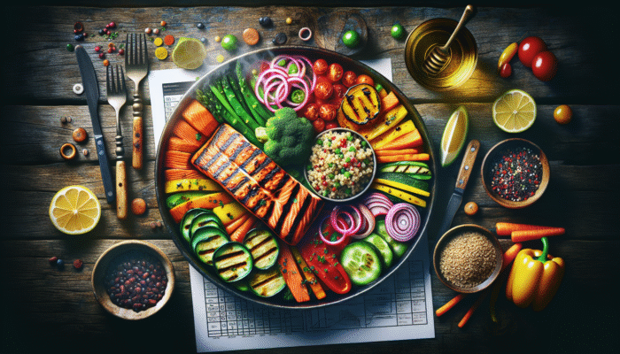 Grilled salmon, quinoa, and colourful vegetables artfully arranged on a rustic wooden table, with steam rising.