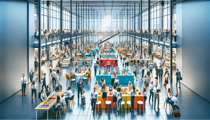 A lively employee sale event in a modern office with staff browsing discounted high-quality items, fostering morale.