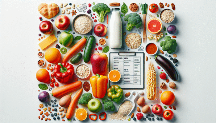 A vibrant assortment of fruits, vegetables, whole grains, low-fat dairy, lean proteins, and nuts on a shopping list.