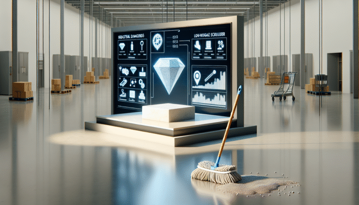 Industrial diamond tools and low-moisture scrubbers delicately treating stone, creating a lasting shine, in contrast to a typical supermarket mop.