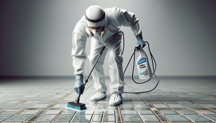 Individual wearing protective gear spraying grout cleaner and scrubbing with a stiff-bristled brush on tiled floor.