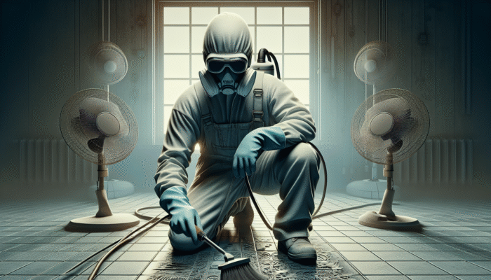 Individual cleaning grout while wearing safety equipment in a well-ventilated room.