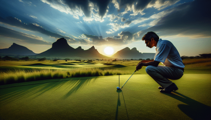 Golfer analysing the contours of a South African green at sunset with mountains in the background.