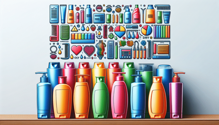 Bottles of shampoo and conditioner for various hair types on a shelf, colourful and labelled.