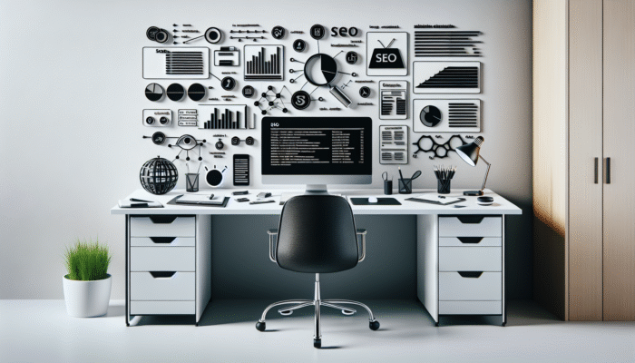 A minimalist desk displaying a computer with SEO analytics, tools like Yoast and Google Keyword Planner, focusing on content creation and link building.