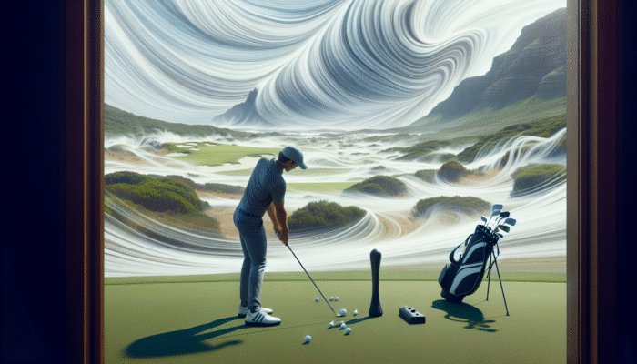 Golfer practicing clubface control on South African coastline with impact bag amidst coastal winds.