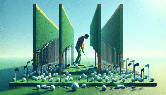 Golfer practicing swing path on lush green course using gates made from towels and clubs, under clear blue sky.