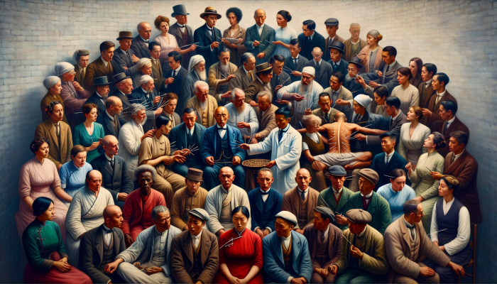 Early 20th-century British individuals interacting with an acupuncturist, reflecting a blend of intrigue and doubt towards this ancient Chinese methodology.