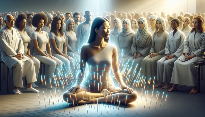 Calm Asian woman undergoing acupuncture treatment, surrounded by glowing needles, with an observant diverse audience.