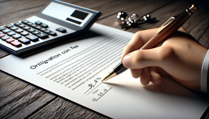 Debt Consolidation Loan Origination Fees Explained: | DCL Debt Consolidation Loan Origination Fees Explained: Hand signing loan document, calculator displays £300 origination fee on £10,000 loan.