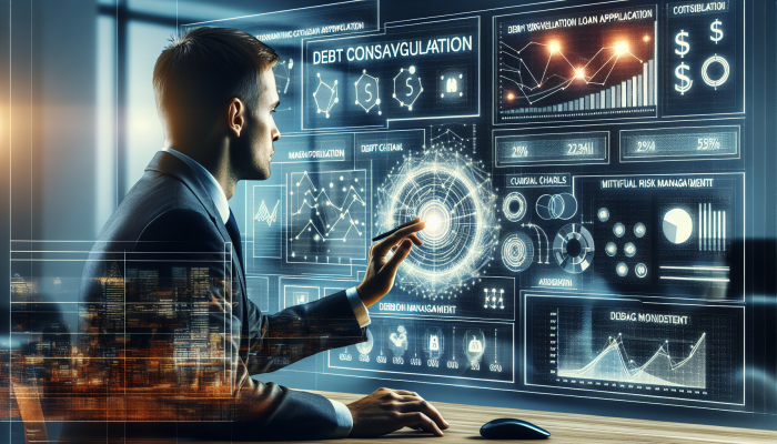 Debt Consolidation Loan Origination Fees Explained: | DCL UK lender assessing debt consolidation loan risk in modern office with financial charts and economic trends on screen.