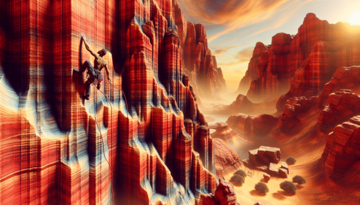 Climber scaling rugged cliffs at Red Rock Canyon, capturing dynamic action shots against a vivid desert backdrop.