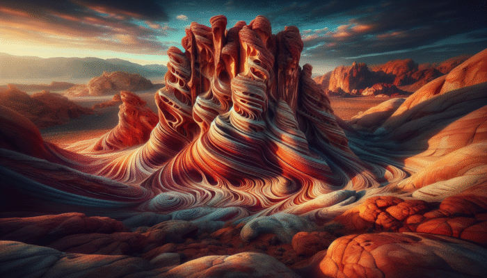 Eroded sandstone formations resembling swirling sculptures in Valley of Fire, with vibrant colours under early morning light.