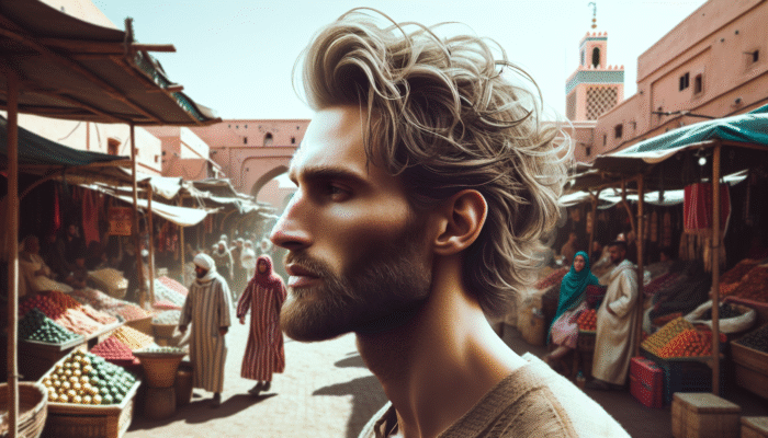 Man with textured hair styled with matte pomade amid the bustling markets of Marrakech, showcasing a natural look in windy conditions.