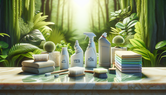 Essential travertine cleaning products displayed on a sparkling surface with a lush greenery background.