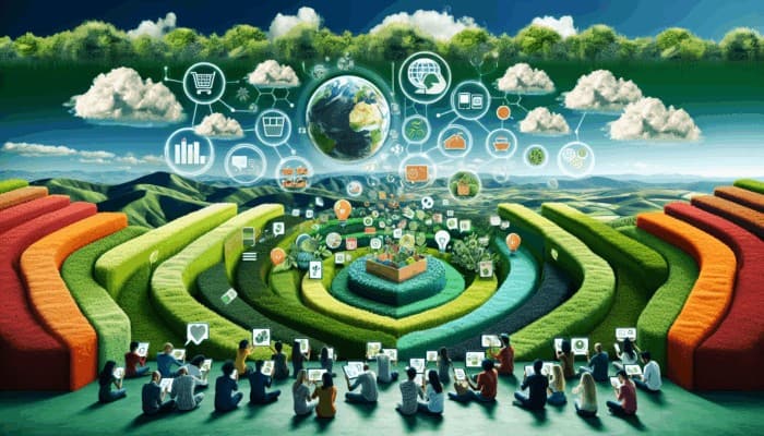 Infographic illustrating sustainable living trends, zero-waste tips, and eco-friendly product reviews, featuring diverse consumers engaging with digital devices.
