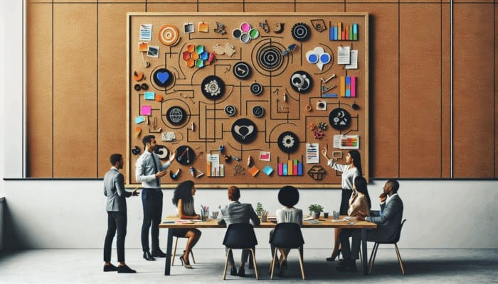 Creative workspace featuring a planning board with team members discussing video content strategies.