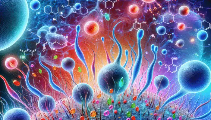 Microscopic view of hormone-influenced hair follicles with colorful chemical structures.