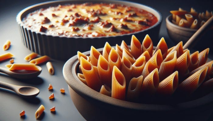 Penne pasta served with chunky marinara sauce and baked penne al forno featuring melted cheese and meat.