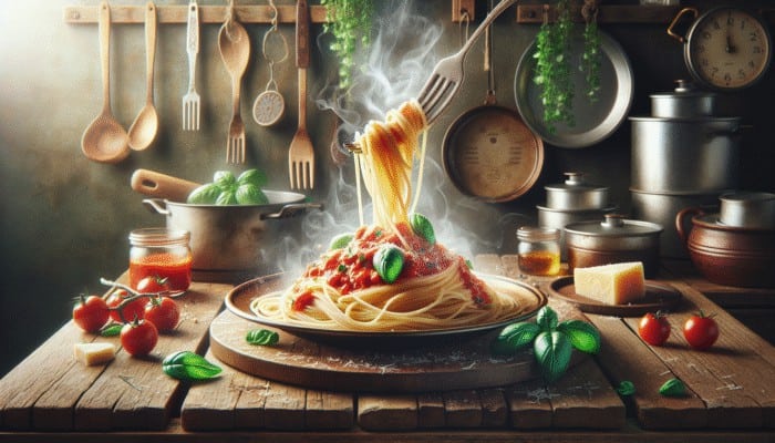 A steaming plate of spaghetti with marinara sauce, garnished with basil and Parmesan, presented in a rustic Italian kitchen.