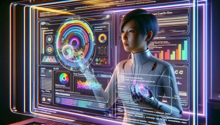 A webmaster closely monitors Google Search Console data on a holographic display in a futuristic, tech-filled environment.