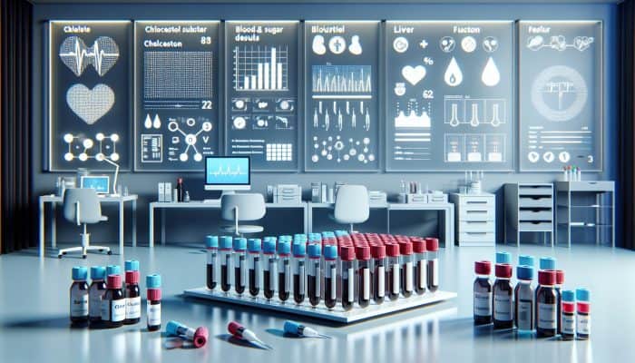 The well-person blood test in Eastleigh: A detailed medical setup in a modern Eastleigh clinic featuring blood test vials and health charts.