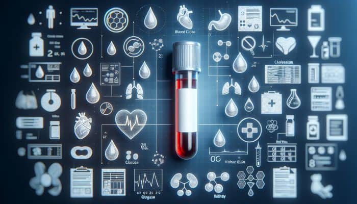 Illustration of a blood test vial alongside icons representing cholesterol, glucose, kidney, and liver health screening.
