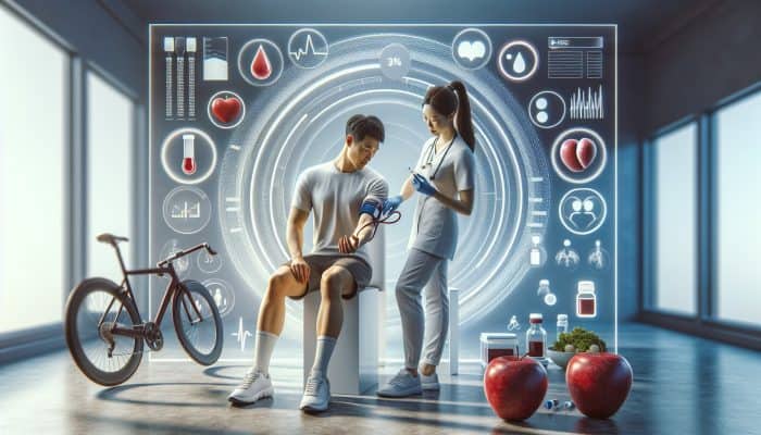 A person receiving a blood test in a clinic, with a chart illustrating early detection of diabetes and high cholesterol, surrounded by symbols of healthy eating and exercise.