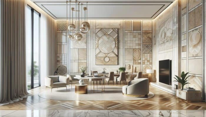 Interior of a UK home showcasing classic beige, ivory, and walnut travertine tiles that seamlessly combine elegance with modern style.