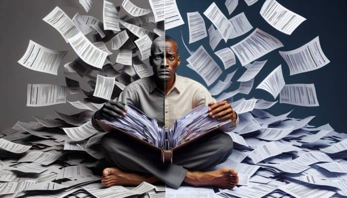 Comprehensively Understanding Debt Consolidation: A Beginner's Guide | DCL Comprehensively Understanding Debt Consolidation: A visual representation of a person consolidating multiple bills into one folder, symbolising financial relief and clarity.