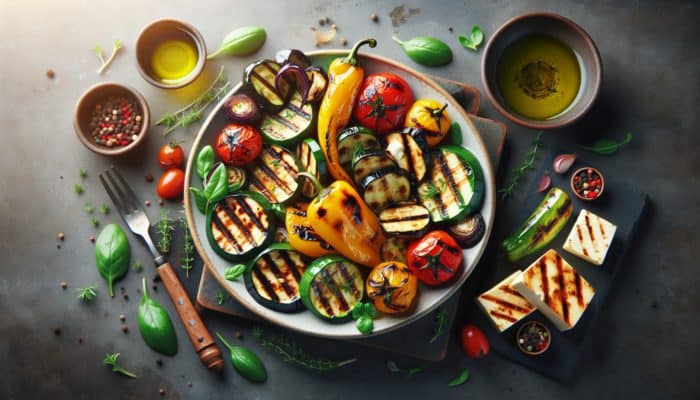 Vibrant grilled vegetable platter featuring zucchini, bell peppers, eggplant, halloumi, and tofu, drizzled with herb-infused oil and vinegar.