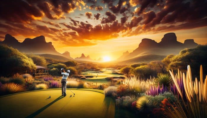 Experience iconic golf courses: A golfer teeing off at Gary Player Country Club, Sun City, framed by stunning bushveld scenery and sunset.