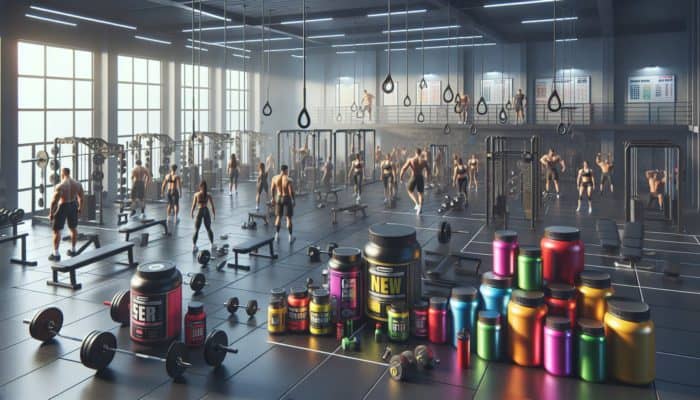 New weightlifters in a contemporary gym with vital supplements like protein powders and energy drinks.