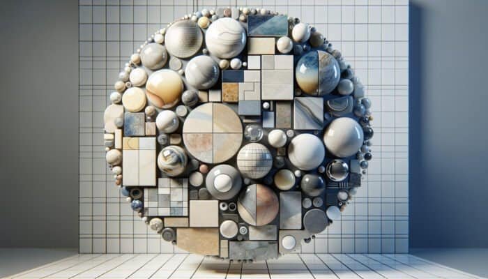 An assortment of porcelain tiles: glazed, glossy and water-resistant; unglazed, natural texture; polished, smooth and reflective in a busy area.