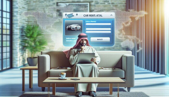 Individual booking a car rental online from a comfortable living space, accompanied by a laptop, latte, and a world map.