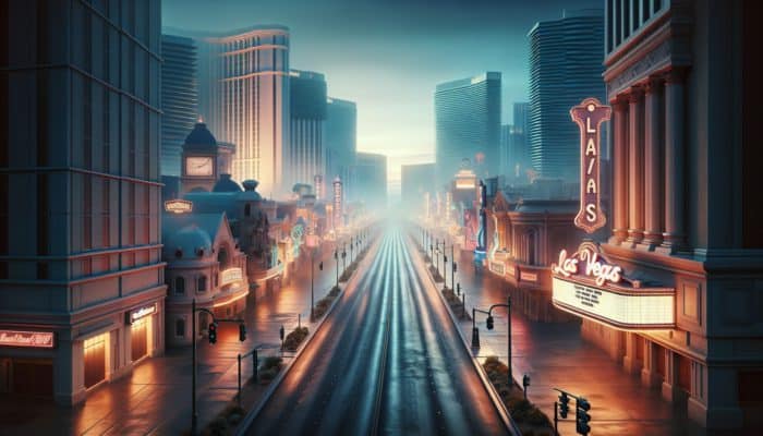 A peaceful early morning scene in Las Vegas with empty streets and quiet casinos.