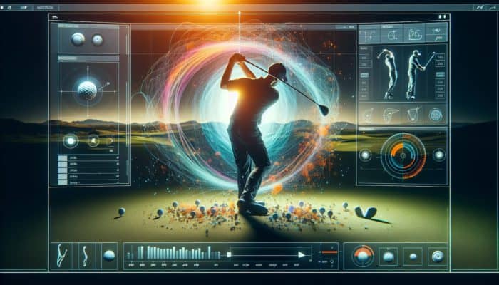 Golf swing analysis software interface featuring slow-motion playback, drawing tools, and side-by-side comparison functionality.