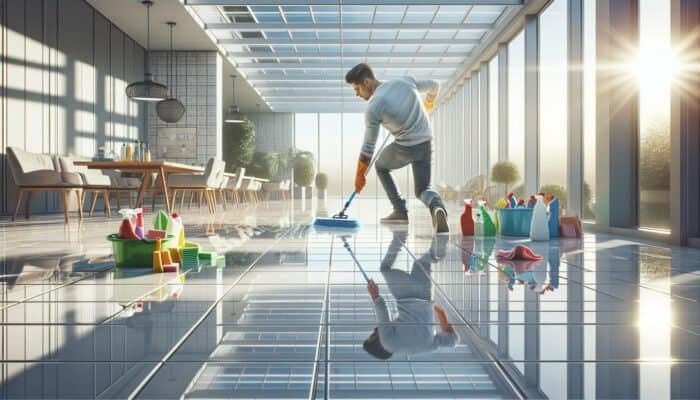 A professional cleaner scrubbing large tile floors in a sunlit conservatory, demonstrating the scale of cleaning effort.