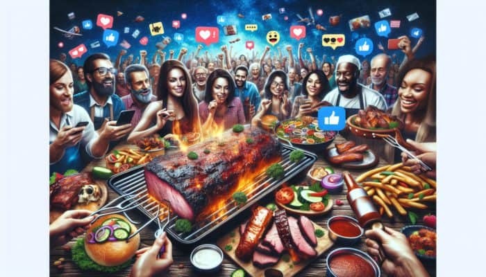 An online BBQ community sharing brisket, ribs, and sides on social media with hashtags #BBQLovers and #Grilling.