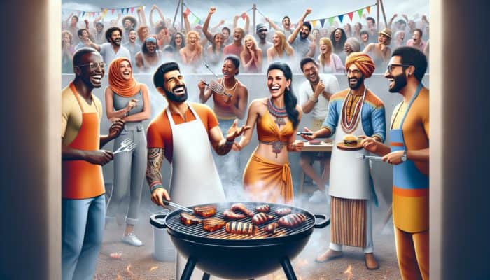 A lively BBQ cook-off scene featuring diverse influencers grilling, surrounded by smoke, fans, and vibrant branding.