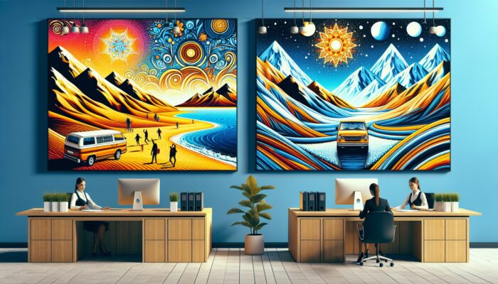 A car rental office adorned with vibrant posters showcasing summer beach and winter mountain imagery, promoting enticing seasonal discounts.