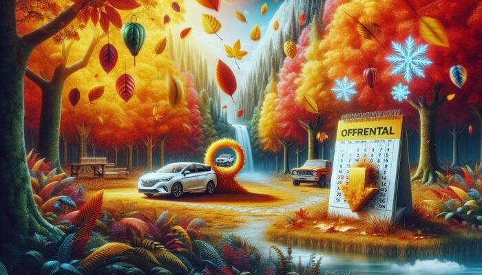 A picturesque autumn landscape featuring a car rental office, vibrant falling leaves, and a calendar indicating off-peak seasons.