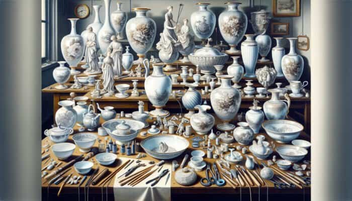 Porcelain items such as vases and figurines being expertly repaired by skilled artisans in East Calder.