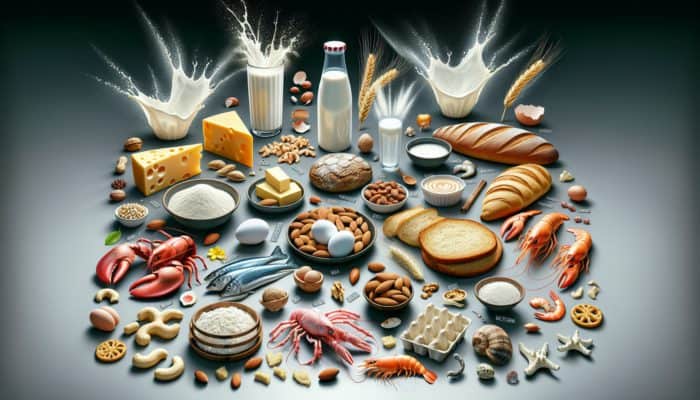 Common food allergens including dairy, nuts, gluten, seafood, and eggs displayed with allergy warnings.