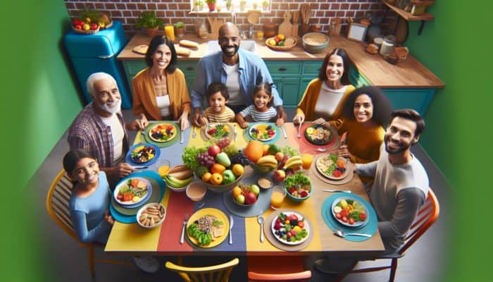 A vibrant kitchen table with allergy-safe dishes, showcasing a happy diverse family enjoying a meal.