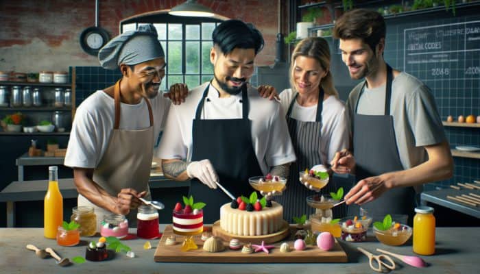 Chefs creating vibrant jellies, panna cottas, and gummies with vegan gelatin in a lively kitchen.
