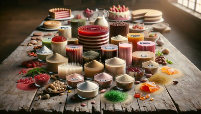 Ingredients for vegan gelatin: agar agar, carrageenan, pectin, arranged on a rustic table alongside plant-based desserts.