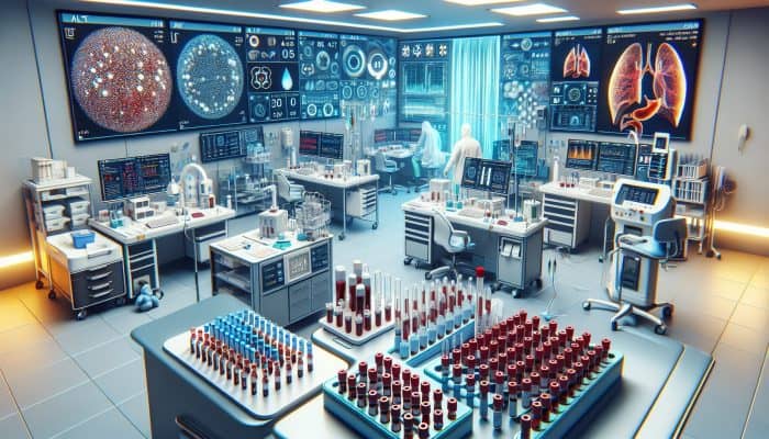 A medical setup in a Newbury clinic showcasing an advanced liver blood test with vials and equipment designed for early detection of liver diseases.