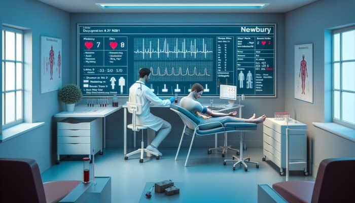 A calm patient receiving a quick, nearly painless liver blood test in a modern medical room in Newbury.